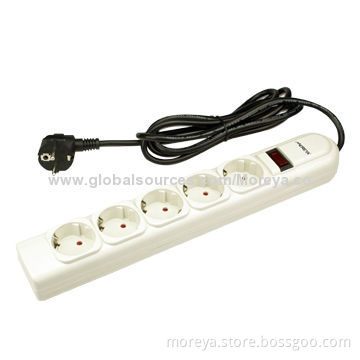 Power Strip of European Standard with Master-slave Switch, 5 Sockets, Surge/Overload Protection